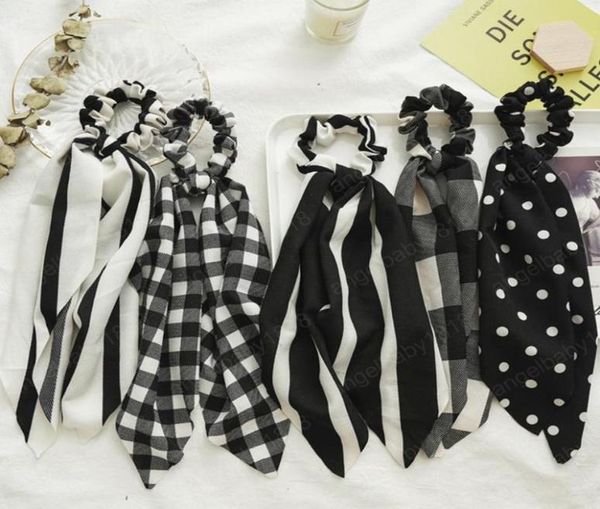 

bow hair scrunchies women hair scarf tie rope rubber bands long streamer ponytail holder hair accessories striped dot plaid option4650064, Slivery;white