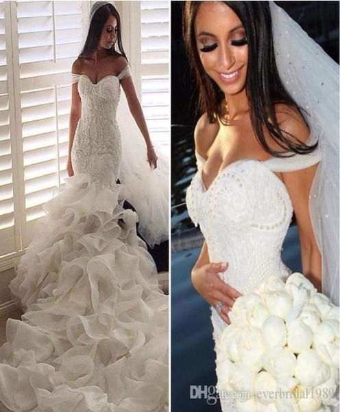

glamorous mermaid wedding dresses lace appliques pearl tiered ruffles chapel train off shoulder wedding dresses bridal gowns 5526251, White