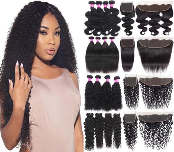 

brazilian virgin hair bundles with closure 13x4 ear to ear lace frontal closure with kinky curly human hair weaves with lace closu8263454, Black;brown