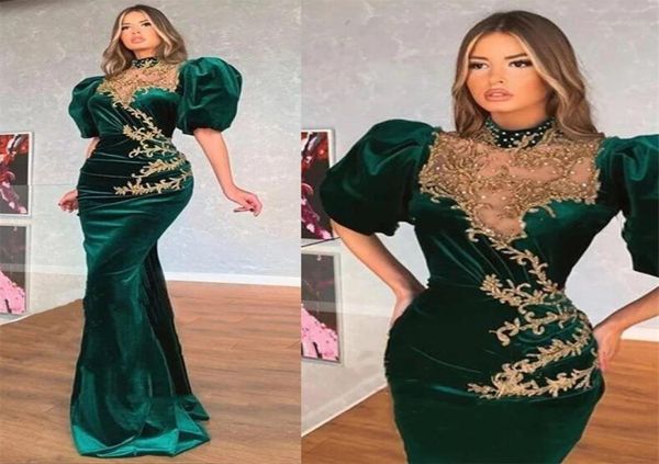 

2021 dark green arabic evening dresses high neck appliques gold pleats puff sleeves mermaid prom gowns velvet party dresses abendk4216922, Black;red