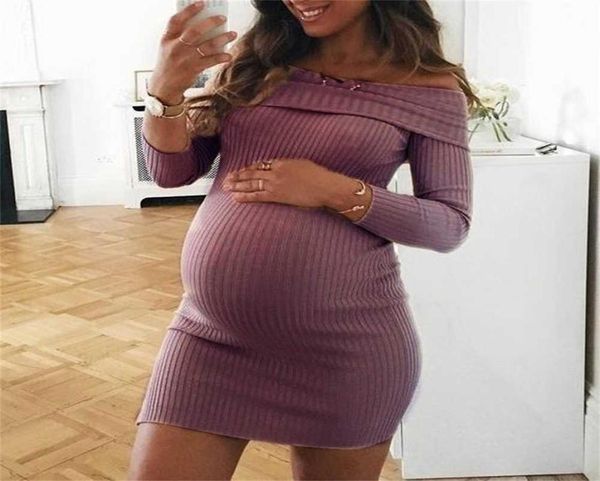 

knitted maternity dress off shoulder maxi pregnant women dresses knee long tight bodysuit baby shower poshoot pography props7346527, White