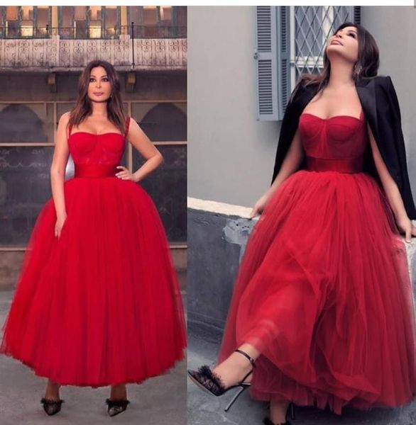 

2020 new red spaghetti strap ball gown ankel length evening dresses sweetheart muslim saudi arabic tulle women039s party g9983216, Black;red