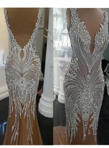 

luxurious crystal beaded mermaid prom gown sleeveless vneck champagne tulle lining formal evening dresses backless sweep tra9684200, Black;red