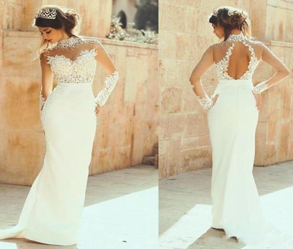 

gorgeous beaded high neck lace wedding dresses illusion long sleeves open back bridal gowns sheath floor length vintage wedding ve7219908, White