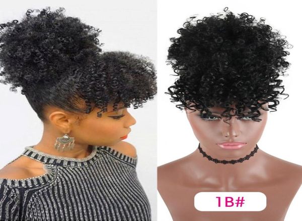 

high puff afro kinky curly synthetic ponytail with bangs ponytail hair extension drawstring short pony tail clip in for wom7490031, Black