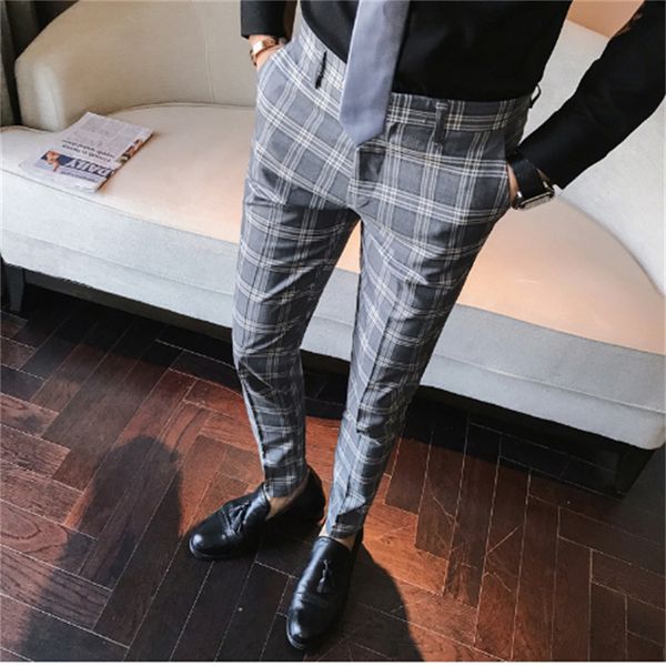 

men dress pant plaid business casual slim fit ankle length pantalon a carreau homme classic vintage check suit trousers wedding, Black