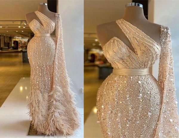 

sparkly mermaid prom dresses ostrich feather one shoulder beading sequined long sleeve pageant evening gown 2022 elegant vest4178605, Black