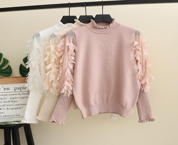 

2019 fall new big girls sweater kids stereo petals applique princess pullover women knitted sweater splicing puff sleeve jumper f97710395, Blue