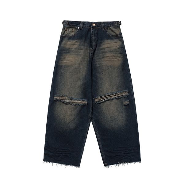 

men's jeans summer straight loose medium hole jeans street fashion, Blue