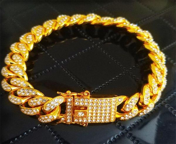 

rhinestone hip hop cuban chain fashion hipster bling jewelry 18520cm cuban link bracelets 3 colors z02015592559, Red;brown