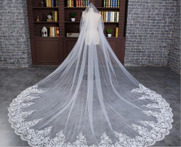 

2017 luxury royalcathedral train 3 meter long bridal veils applique lace edge with soft tulle white wedding veils noble marriage 4880680, Black