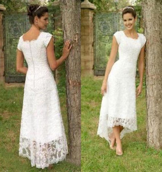 

vintage country style hi low wedding dress full lace capped garden short front long back bridal gowns zipper up6603599, White