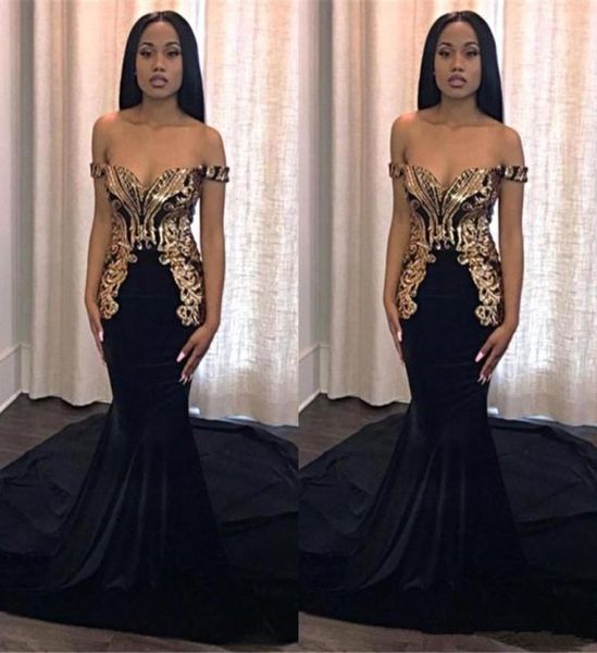 

african mermaid black prom dresses long gold appliques elegant off shoulder custom black girls evening gowns celebrity runway dres7477655, Black;red