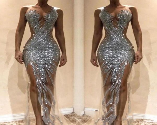 

2019 nigerian silver sequins beaded mermaid formal prom dresses custom made sleeveless sheer neck side split pageant party go9136374, White;red