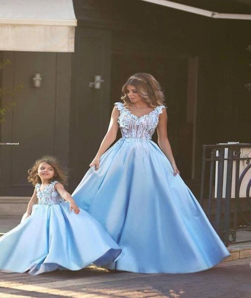 

beautiful lace appliques prom party dresses vneck mother and daughter matching dresses girls pageant flower custom1239986, Black