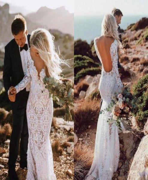 

2019 lace wedding dresses mermaid long sleeves floor length backless beach boho garden bridal gowns see through9597741, White