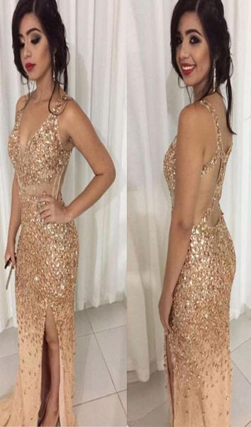 

gold crystal mermaid prom dresses v neck sheer straps backless tulle split sparkle evening gowns luxury pageant dresses1967093, Black
