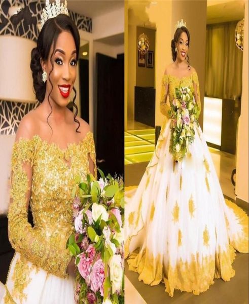 

amazing white and gold applique sequins wedding gown dresses 2022 jewel neck long illusion lace sleeves wedding bridal gowns vesti6305323