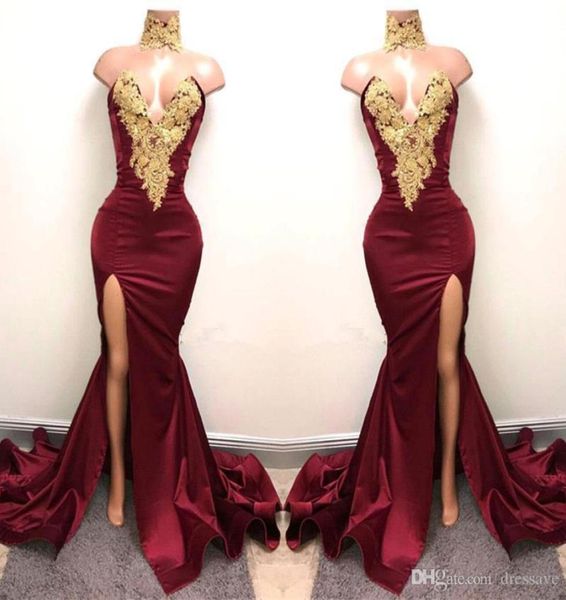 

arabic burgundy prom dresses evening high neck gold lace appliqued sleeveless mermaid front split elegant formal party gowns6007164, Black