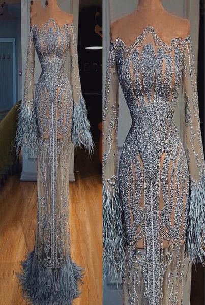 

see through feathers sequined prom dresses dubai illusion long sleeve robe de soiree luxury mermaid evening gowns special occasion5007620, Black