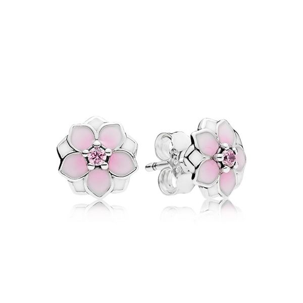 

pink magnolia stud earrings for pandora real 925 sterling silver cute earring set for women girls designer jewelry cute flower luxury earrin, Golden;silver