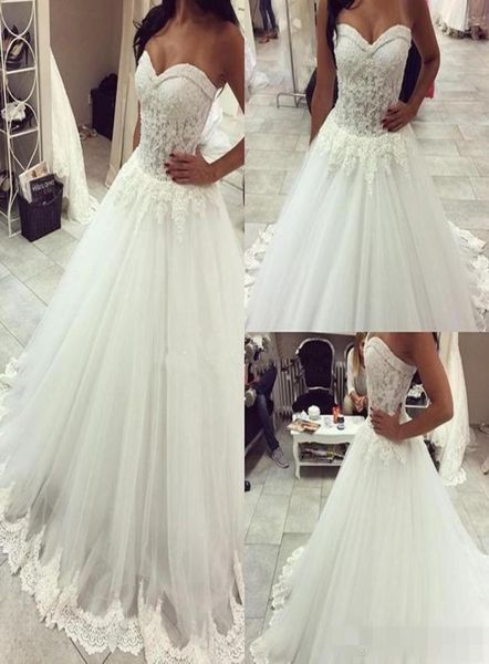 

custom made sweetheart neckline a line wedding dresses strapless lace applique sweep train lace up back wedding bridal party gowns2560020, White