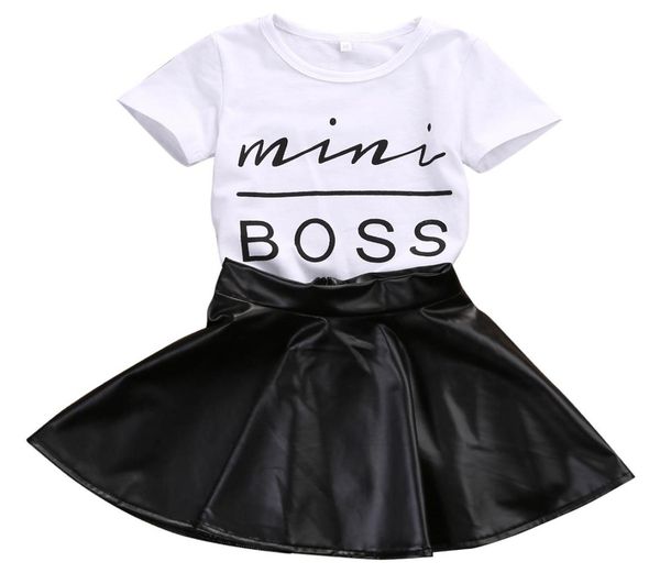 

2018 new fashion toddler kids girl clothes set summer short sleeve mini boss tshirt leather skirt 2pcs outfit child suit4788932, White