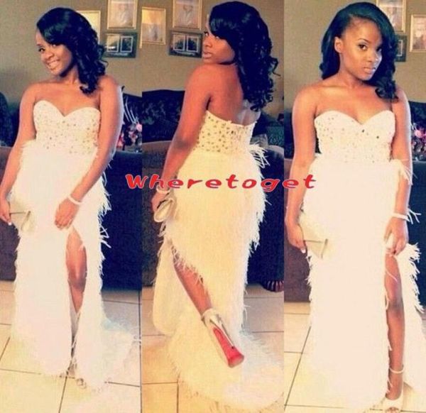 

2019 new arrivel long feather mermaid prom gowns white sweetheart rhinestones splite evening dresses african black girl prom1335463