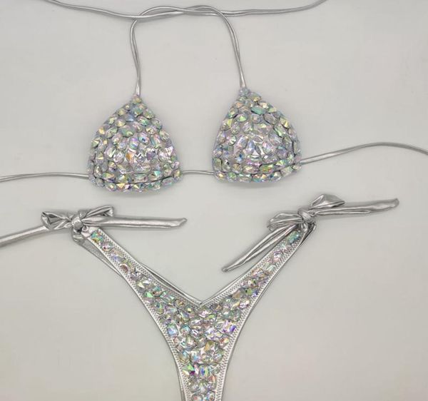 2021 venus vacation style diamond bikini set bandage open swimwear push up rhinestone bling stones swimsuit women swim6981007