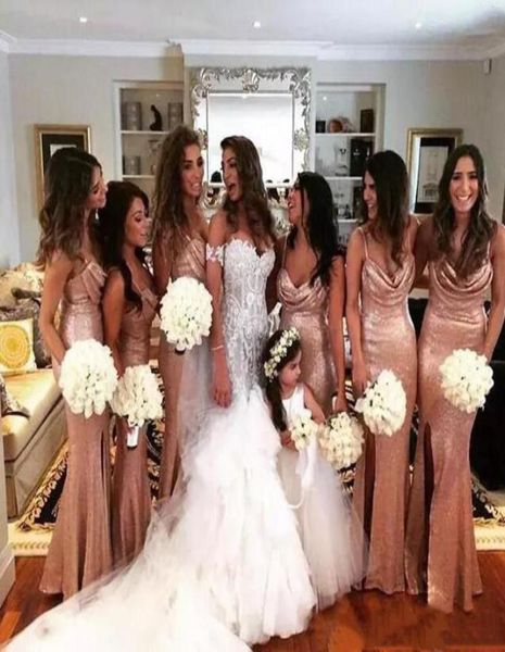 

sparkly rose gold bridesmaid dresses 2019 spaghetti straps long sequined maid of honor party gowns side split wedding guest dress1732871, White;pink