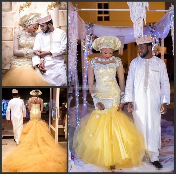 

african nigerian styles gold mermaid wedding dresses with long sleeves beaded sweep train plus size bridal party gowns vestidos de7664535, White