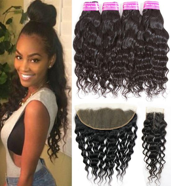 

brazilian virgin human hair bundle water wave 4 bundles with lace closure big curly hair weave bundles with closures frontal closu4650197, Black