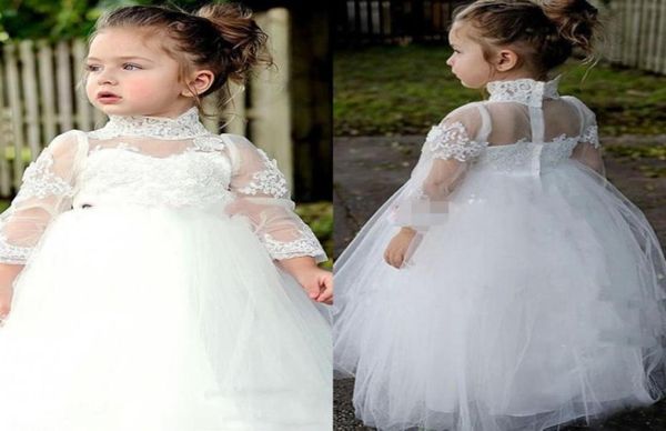 

lovely 2018 high collar long sleeve flower girl dresses for weddings lace applique princess birthday white first holy communion dr9746778, White;blue