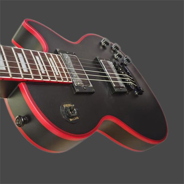 

custom electric guitar, mahogany, matte black, emg cartridge, red logo and red edge, quick pack