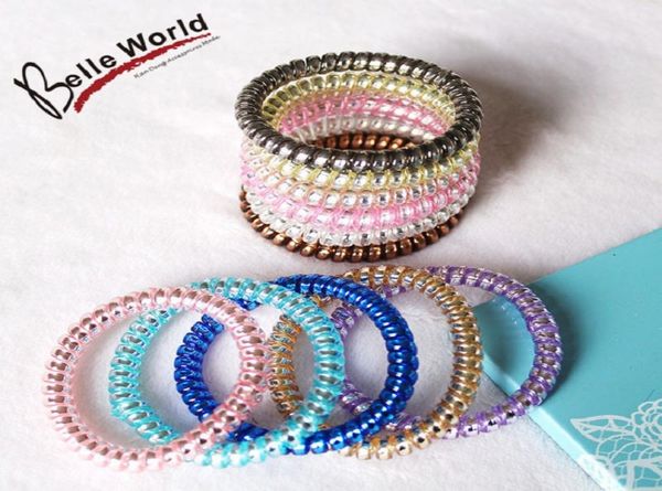 

telephone wire cord gum hair tie girls elastic hair band ring rope candy color bracelet stretchy scrunchy mixed color8240384, Slivery;white