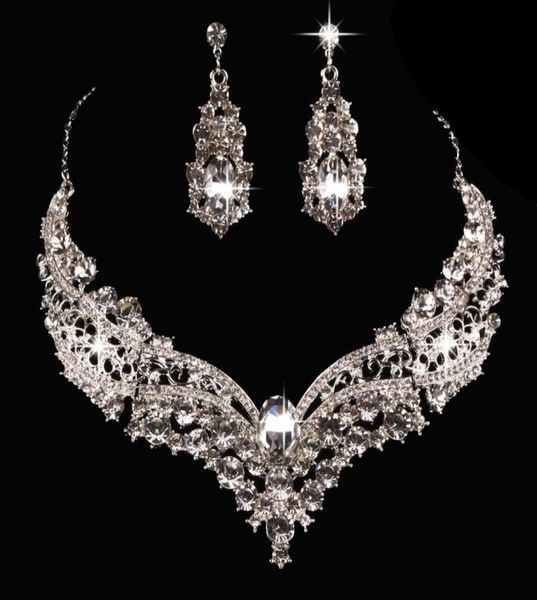

bridal jewelry drop earrings european and american popular big brand alloy full diamond sets necklace for party wedding8154519, White