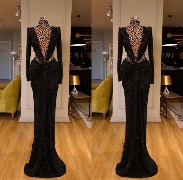 

2020 aso ebi arabic black sparkly prom dresses crystals mermaid evening dresses long sleeves formal party second reception go3639734