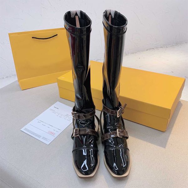 

luxury womens boots designer fashion low-heeled ff long stretch knight sheepskin fabric leather high-quality shoes spring and autumn single, Black
