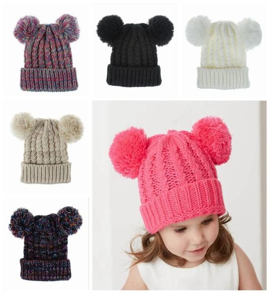 

winter knitting hat girl lovely double ball knitted cap toddler warm skullies caps kid crochet pompom beanie outdoor warm hat ljjp4435924, Yellow