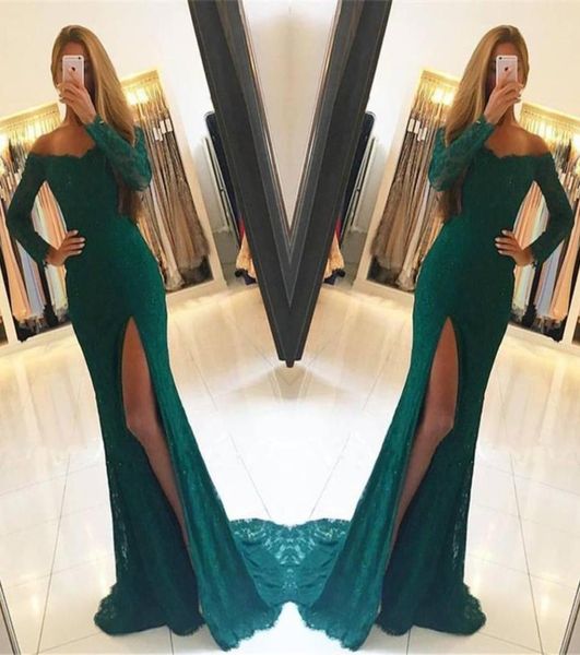 

dark green lace long sleeves side slit elegant offtheshoulder prom dresses evening party gowns custom made 20182818231, Black