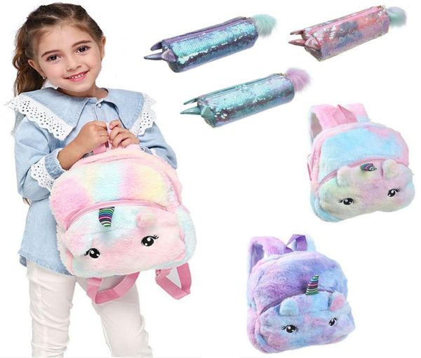 

fashion unicorn soft plush sequin backpacks pencil case kawaii cartoon girls school bags nursery school kids shoulder bag schoolba5222514