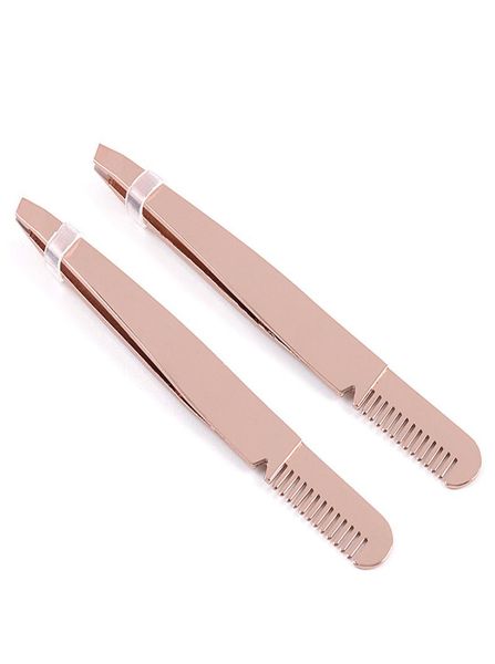

steel slanted tip eyebrow tweezers with brow comb rose gold face hair removal clip brow trimmer makeup tool accept lo1386241