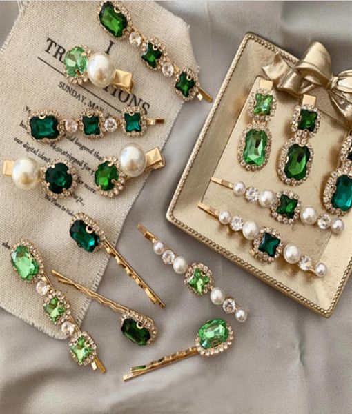 

12 styles korea vintage emerald hair pins geometrical rhinestones hair clip for women girls hair accessories barrette gjj1729579478, Slivery;white