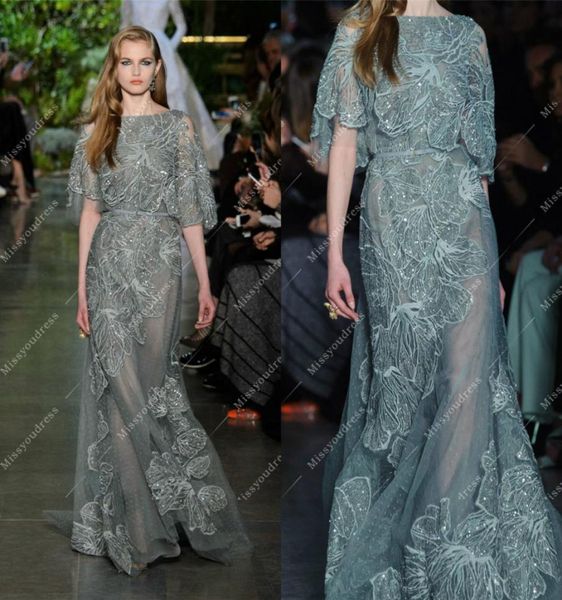 

elegant elie saab dresses evening wear bateau neck half sleeves celebrity dress beads appliqued formal runway fashion gowns custom5020143, Black;red