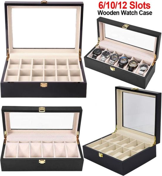 

61012 slots watch box black wooden jewelry organzer watch display case glass wrist watches box luxury holder d404340324, Black;blue