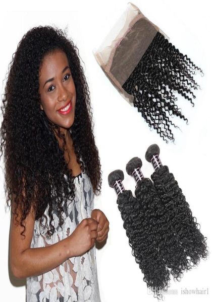 

8a preplucked 360 lace frontal closure with 3 bundles brazilian kinky curly unprocessed human hair weave with full lace frontal4863813, Black