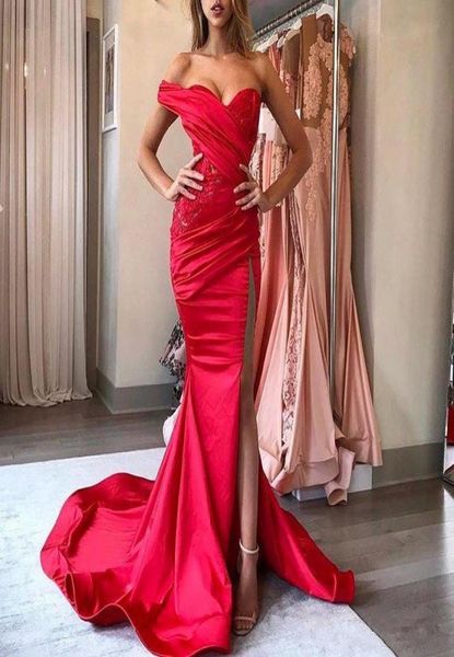 

new one shoulder sweetheart mermaid dresses evening wear high side split applique ruched long sweep prom dresses1643720, Black;red