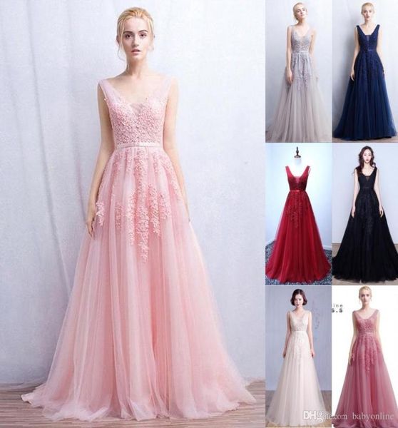 

2020 vestidos de novia a line deepv back bead lace long tulle evening dresses backless ribbon colorful blush pink prom gowns3979405, Black;red