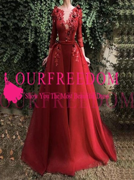 

burgundy illusion evening gown long sleeve sequin flowers dubai kaftan saudi arabic elegant formal dress muslim evening pageant dr5946489, Black;red