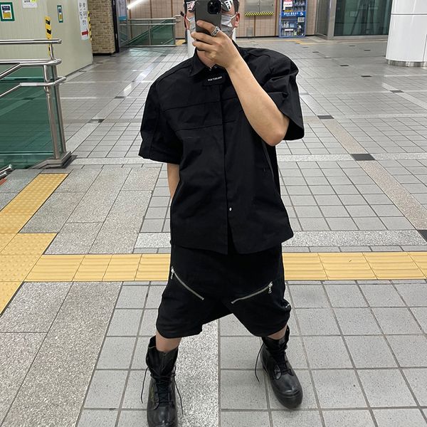 

fashion short sleeve black letter embroidery shirts men's lapel hip hop pockets casual tank oversized, White;black